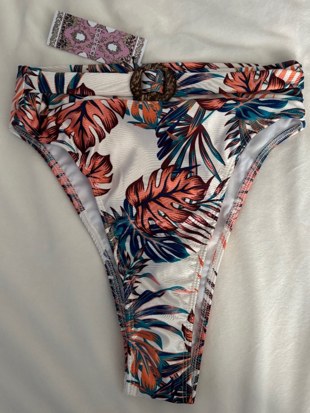 Boohoo Bikini Bottom Tropical Belted High Leg Brief Belt Buckle Women Size 6 NWT